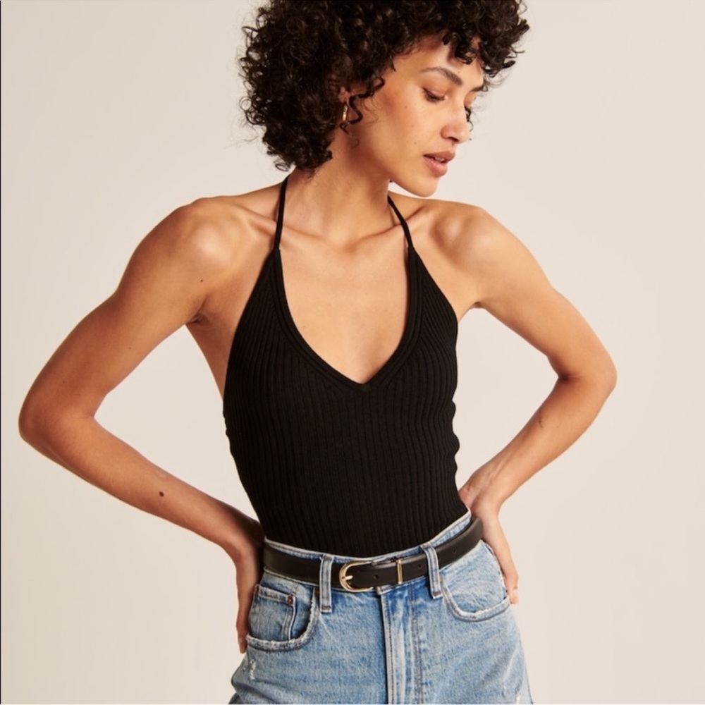 NWT - Abercrombie Elevated Knit Tie Halter Black Bodysuit (XS)